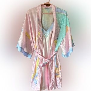 Val Mode lingerie, pale pink slip gown with spaghetti straps and matching robe.